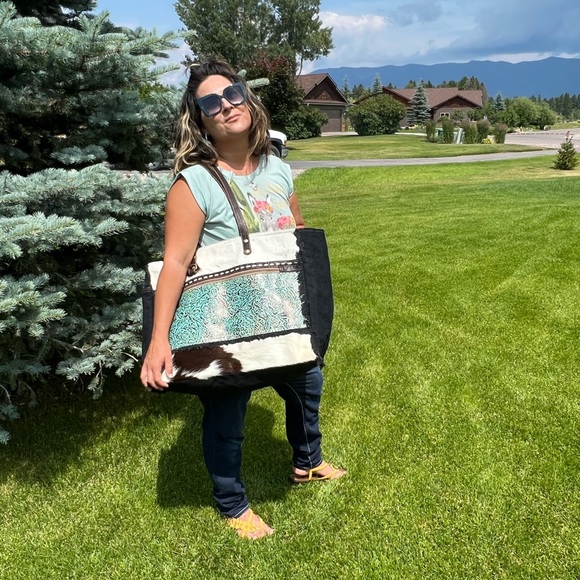 🌹New Myra Bag Cowhide Canvas Leather Weekender Travel XL extra large tote - Picture 2 of 8